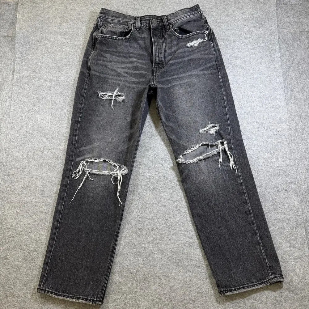 American Eagle 90s Boyfriend Jeans Womens 6 Black Faded Distressed Frayed Ripped